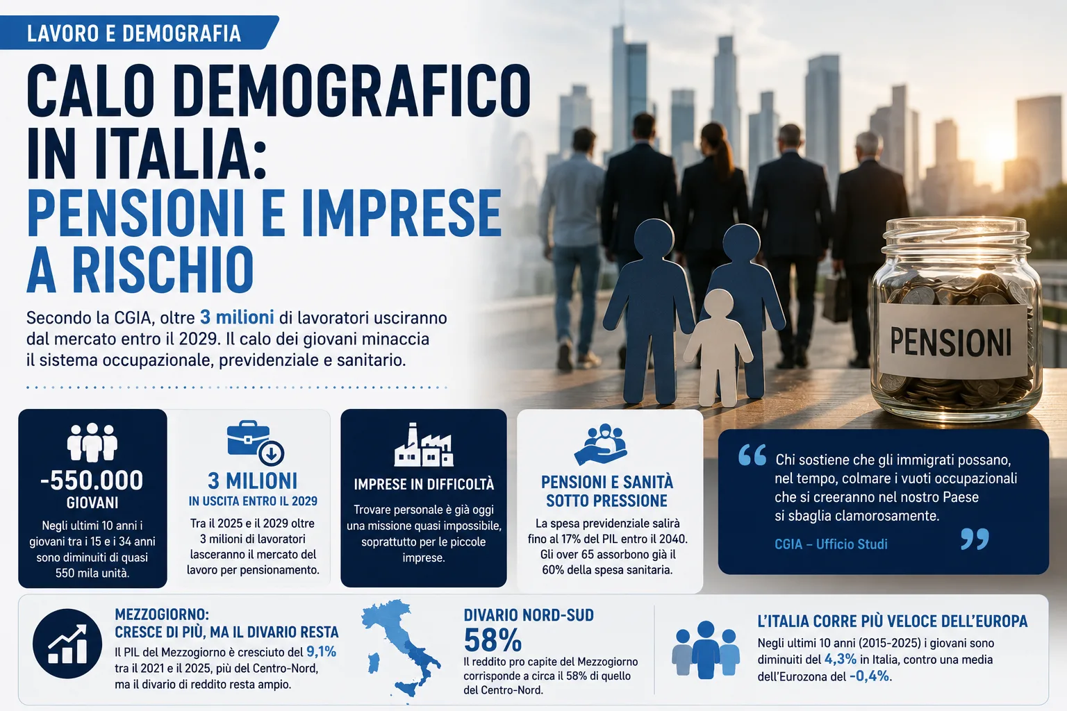 Calo demografico e lavoro: pensioni, imprese e sanità a rischio | L’analisi della CGIA