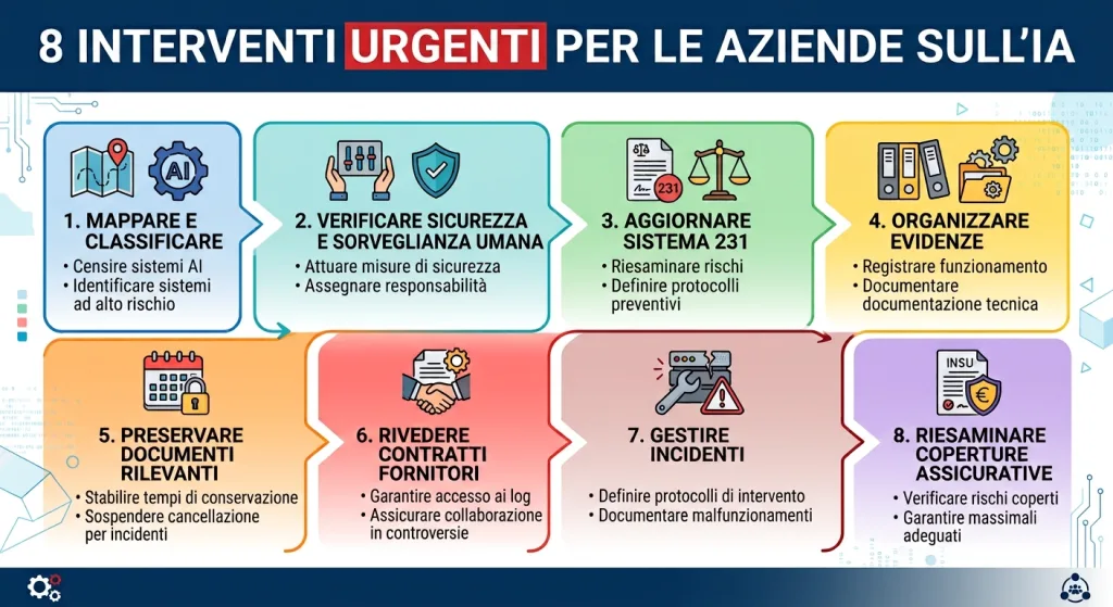 Infografica degli otto interventi suggeriti alle aziende per il governo dei sistemi di intelligenza artificiale