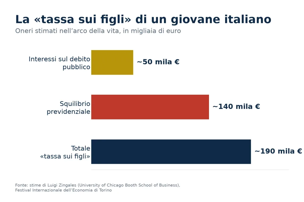 Grafico originale sulle stime di Luigi Zingales: 50mila euro di interessi sul debito e 140mila euro di squilibrio previdenziale, per un totale di circa 190mila euro